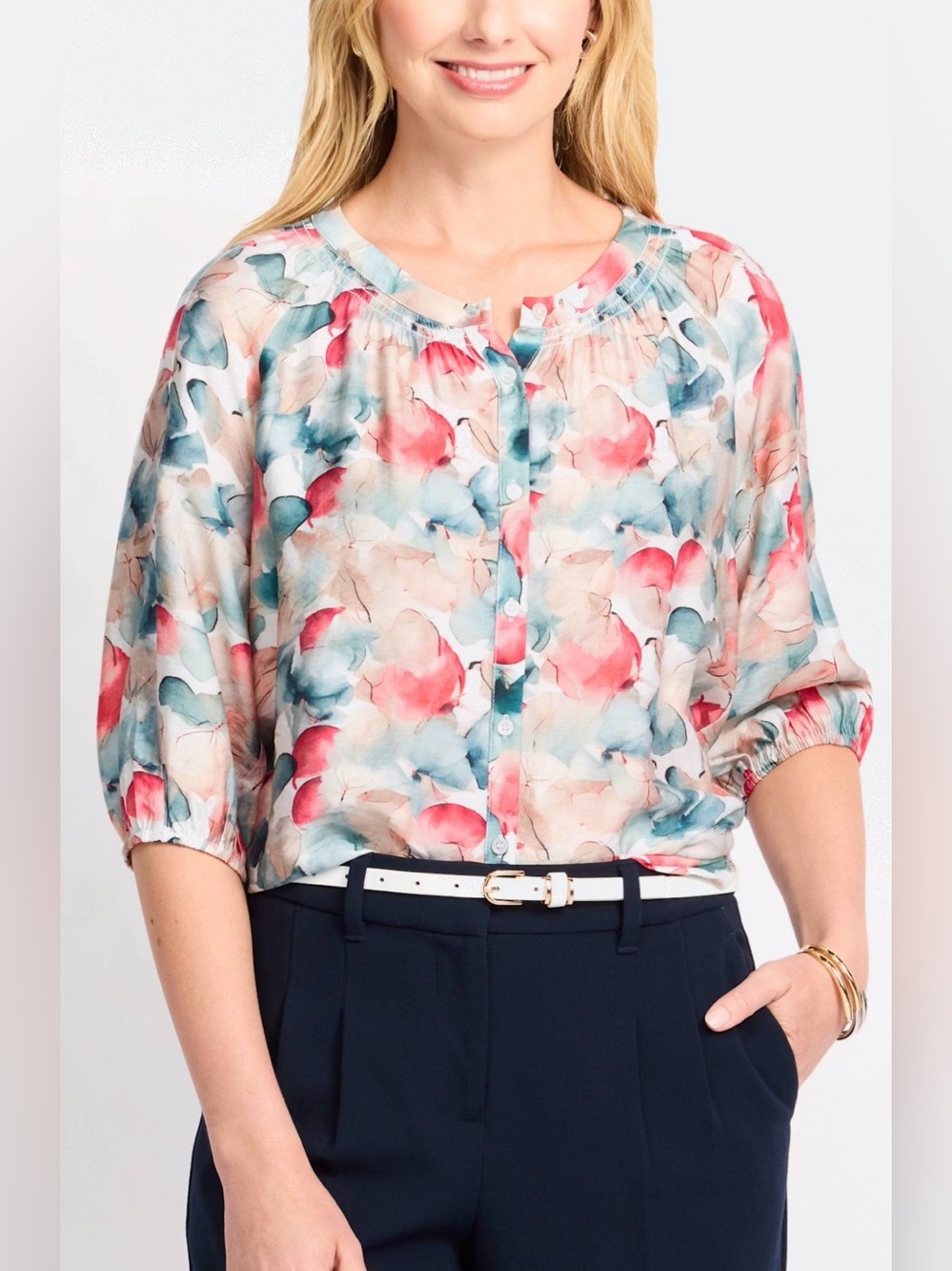 fun 2 fun NWOT Watercolor Floral Button-Front Blouse in Pink & Blue